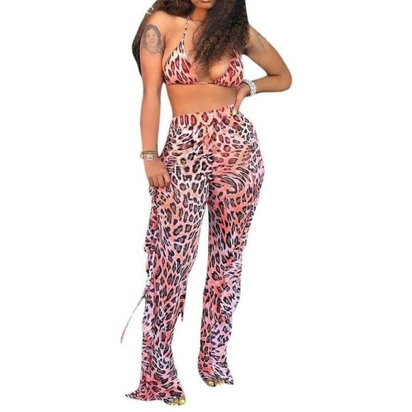 Jumpsuits Crop Top and Hollow Out Ruffle Long Pants - Leopard - Picture 3 of 5